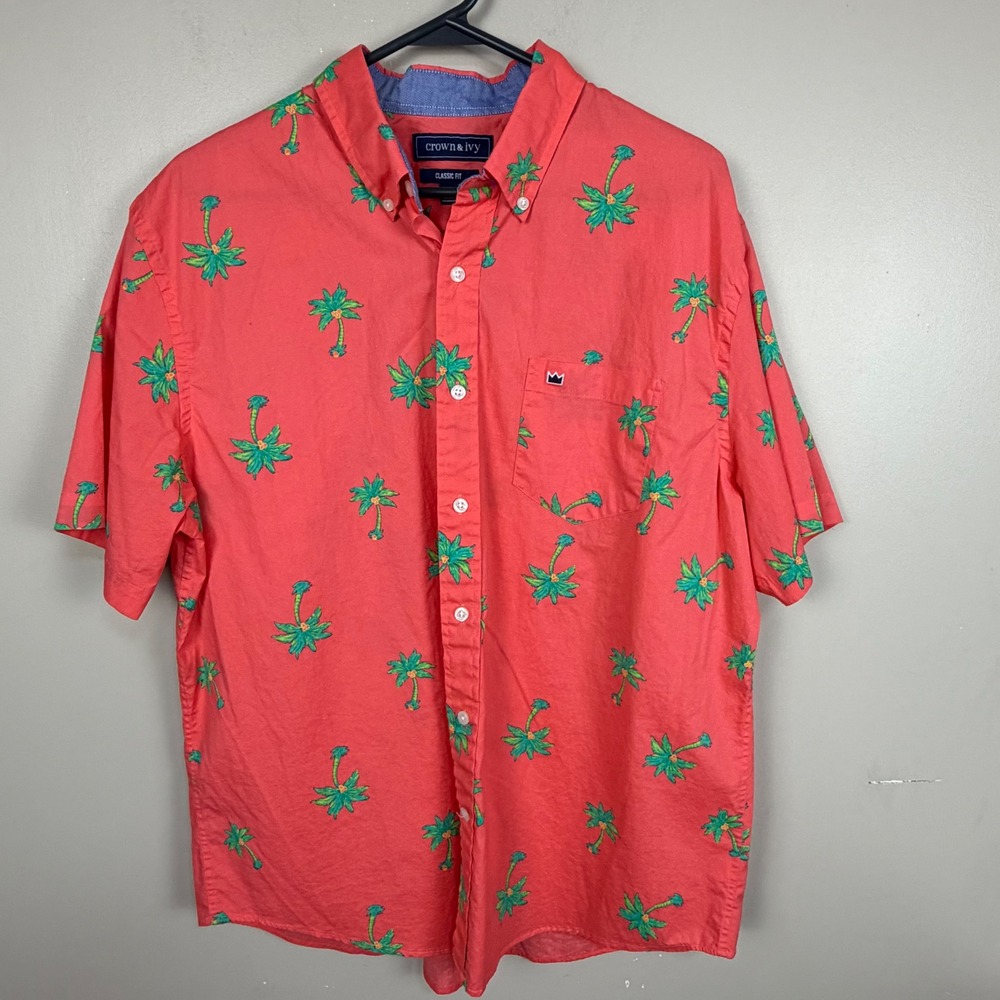 Crown & Ivy Mens Large Coral Pink Palm Tree Short Sleeve Button Down Shirt